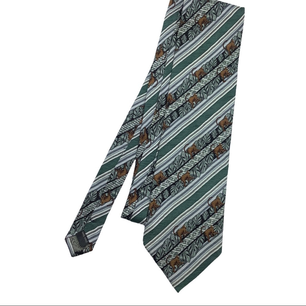 Tesoro Rosso Silk Tie Green Monkey Monstera Leaf Striped Hand Made Mens Necktie‎